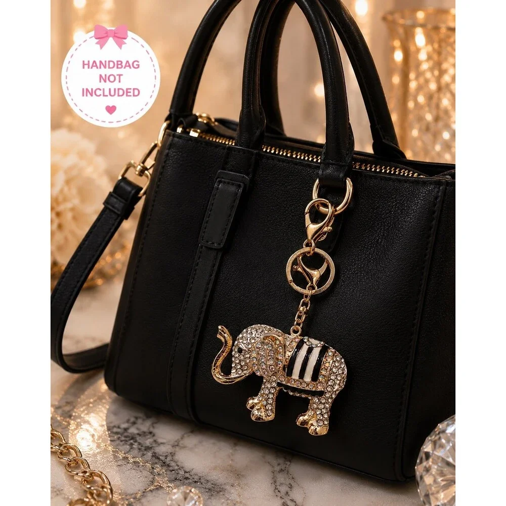 Rhinestone Elephant Keychain – Gold Tone Crystal Elephant Purse Charm